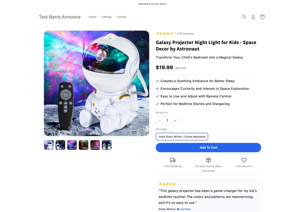The Shopify product page generated by Ecopy for the same galaxy projector, with a clean title, benefit bullets and trust badges