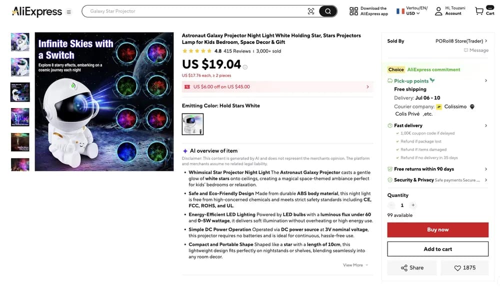 The original AliExpress product listing for an astronaut galaxy projector, with a keyword-stuffed title and a specification dump
